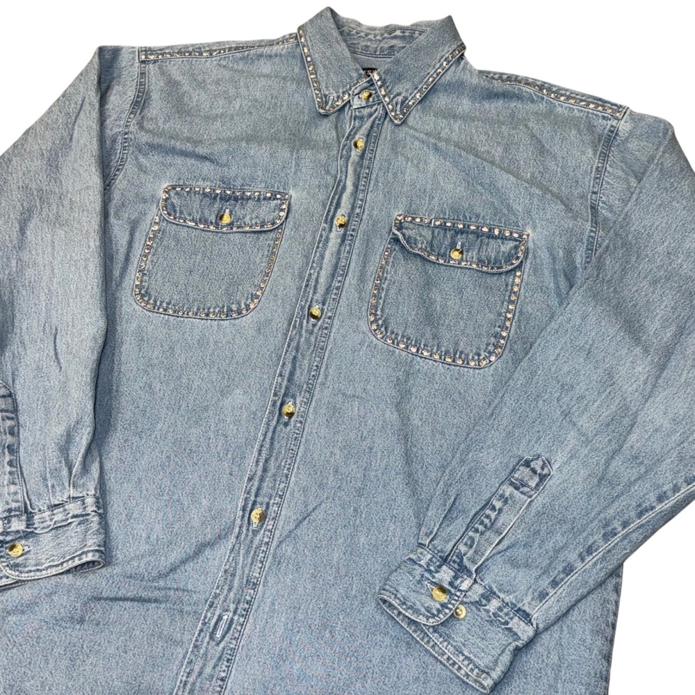 Vintage 90s Esteem Embellished Denim Shirt Button‎ Down 100% Cotton Size Large